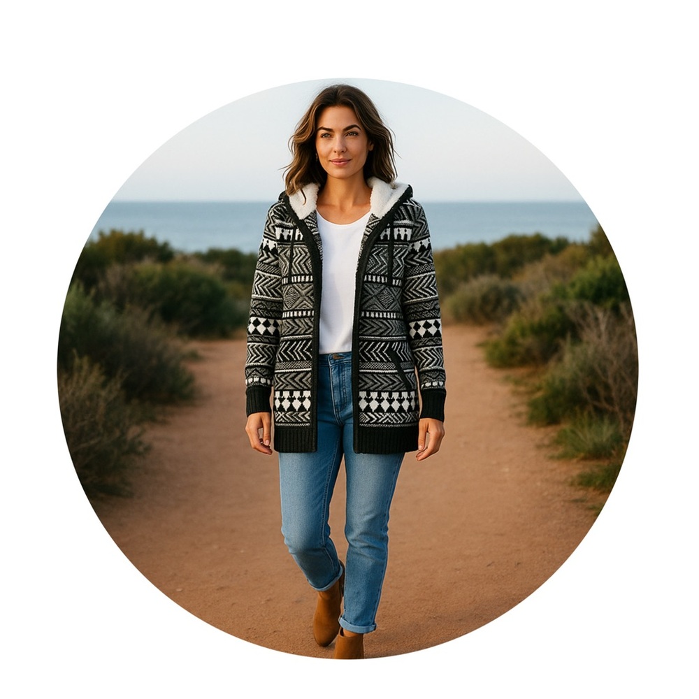 Cardigan Sweater With Faux Sherpa Hood - Picture 10 of 10
